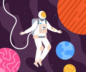 Man in cosmic spacesuite. Colorful astronaut discovery space planet star, spaced helmet of spacewalker for spaceflight interstellar mission spaceship, splendid vector illustration