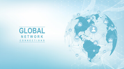 Global network connection concept. Big data visualization. Social network communication in the global computer networks. Internet technology. Business. Science. Vector illustration