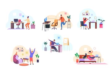 Workout break. Workers stretch warm up at computer desk, office syndrome gymnastics exercise on workplace, meditating yoga home fitness training cartoon garish vector illustration