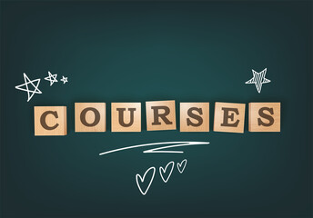 Course Template Background. Chalkboard Desk With Wooden Letters Blocks. Bright Flyer Or Background Template. Top View. Vector Illustration