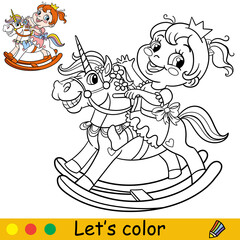Cartoon cute girl in a rocking horse coloring