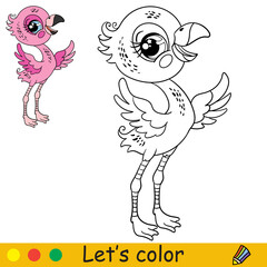 Cartoon cute pink flamingo bird coloring vector illustration