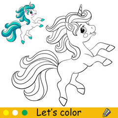 Obraz na płótnie Canvas Cartoon cute happy little unicorn coloring book page vector