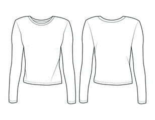 Women's Long Sleeve Round Neck T-shirt, Active Wear T-shirt Front and Back View. Fashion Illustration, Vector, CAD, Technical Drawing, Flat Drawing.	