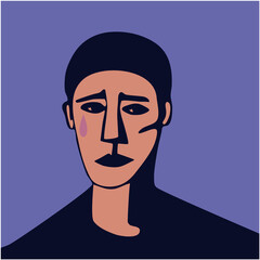 Vector portrait of sad pierrot retro style. Illustration of Pierrot's face. Cartoon character Pierrot the clown.