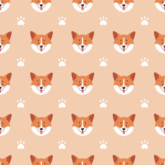 Corgi seamless pattern. Cute smiling welsh corgi faces and paw prints. Happy dog characters. Stylish vector background.