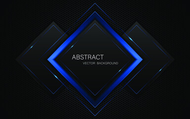 Abstract black and blue square shape with blue glow lines on dark steel mesh background.
