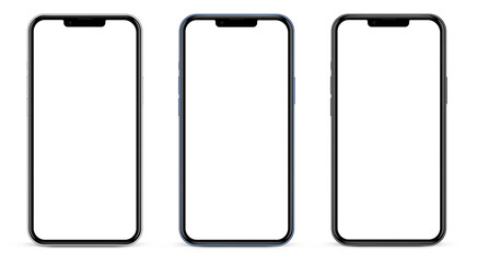 Realistic different colors silver, blue, black smartphone mockup isolated with transparent screens. Smart phone mockup collection. Device front view. 3D mobile phones with shadow and white background.