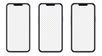 Realistic different colors silver, blue, black smartphone mockup isolated with transparent screens. Smart phone mockup collection. Device front view. 3D mobile phones with shadow and white background.
