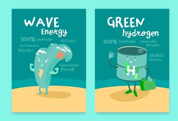 Wave and hydrogen energy posters with funny creative character.s