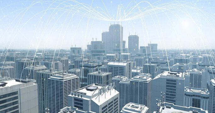 Smart Futuristic City Aerial View. Mobile Network Over The City. Technology Related 3D Animation.