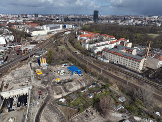 Aerial view of construction site for the A100 city highway in Berlin