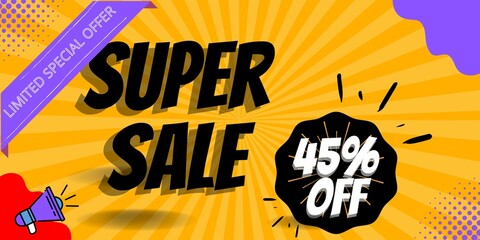 45% off limited special offer. Banner with forty five  percent discount on a yellow background with details