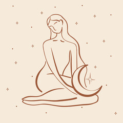 Linear minimal style logo template with beautiful esoteric women silhouette and moon. Hair salon, beauty shop, organic cosmetics, spa.