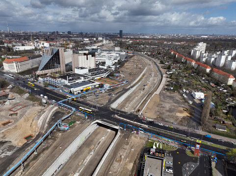 Aerial view of construction site for the A100 city highway in Berlin