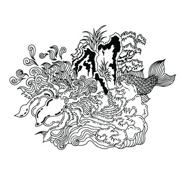 Design vector outline squid, wave, and fish. design for coloring page. design line art painting, doodle, line art for tattoo. japan art.