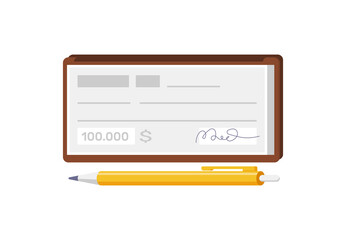 Checkbook bank cheque page with fields for filling signature with pen icon isometric vector illustration. Banking check blank financial payment guarantee isolated. Paycheck, payout, donate, deposit