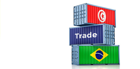 Cargo containers with Brazil and Tunisia national flags. 3D Rendering