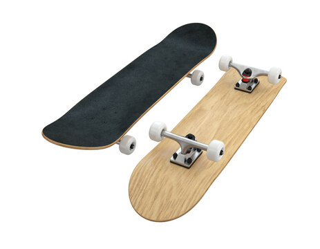 Set of skateboards bottom and top view wooden base on white background, 3d render