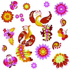 A vector drawing of an ethnic ornament depicting two firebirds and stylised flowers in orange and pink