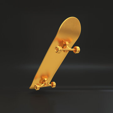 Skateboard golden floating on a black background, 3d render