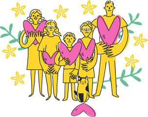 愛情の形、ハートを手に集まる家族　イラスト素材			
