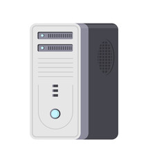 Computer system block isometric icon vector illustration. PC hardware portable electronic server technology isolated. Modern web appliance device component accessory with power button and drive