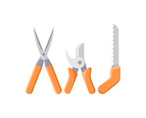 Garden cutting equipment with orange handles set isometric icon vector illustration. Collection shears secateurs and saw for seasonal gardening botanical work isolated. Agriculture farm hobby tools