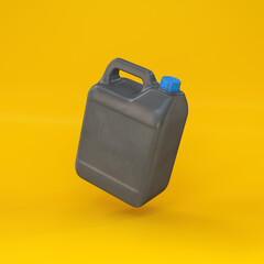 Gray plastic canister floating on a yellow background, 3d render