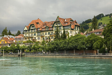 Fototapeta na wymiar Embankment of river Aar at Thun. Switzerland
