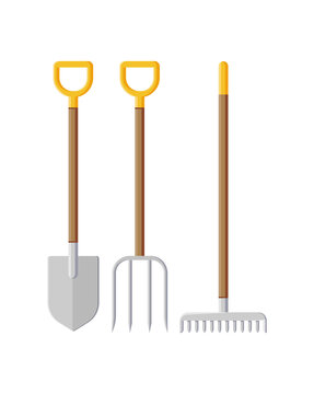 Collection gardening equipment for landscaping planting cultivating seasonal countryside work isometric icon vector illustration. Set farming instrument shovel rake and pitchfork agriculture tool