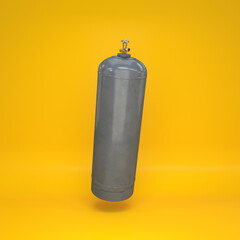 Gray gas cylinder floating on a yellow background, 3d render