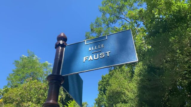 "All&eacute;e Faust" street sign in the Ville d'Hiver district in Arcachon near the Villa Faust house