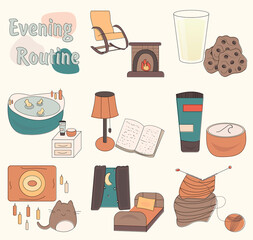 Set of hand-drawn icons illustrated evening routine. Аireplace, armchair, bedroom, bathroom, milk with cookies