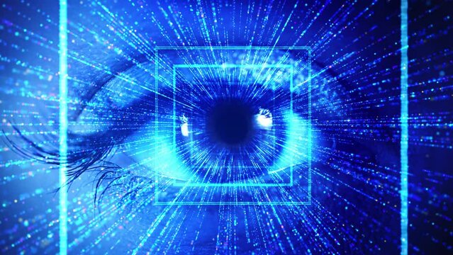 HUd eye to accessing digital information. Biometric screening eye, Digital eye, Security concept, cyber security. Cyborg HUD Technology. Neural Deep Learning Mind Science Research, Modern BCI Deve