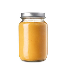 Front view of baby puree jar isolated on white background