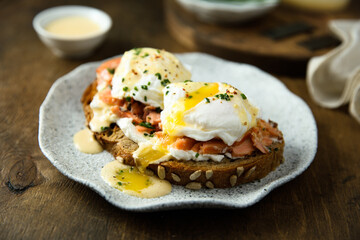 Homemade eggs Benedict with salmon