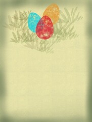 Obraz premium Vertical illustration with copyspace, Easter eggs in grass on yellow textured background with frame and space for text