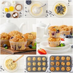 Collage of preparation of lemon muffins with blueberries and streisel on a white wooden background....