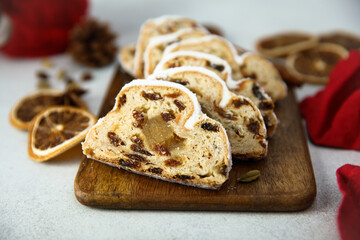 Traditional homemade stollen cake with marzipan