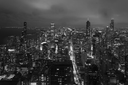 Fototapeta Chicaglo skyline at night in black and white