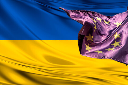 European Union (EU) and Ukraine (UA). The flag of the European Union and the flag of Ukraine. The concept of aid, association of countries, political and economic relations.