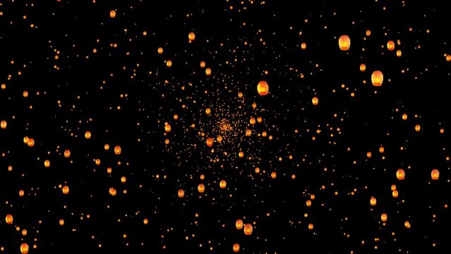 Flying Sky burning flame lanterns seamless pattern Loop Animation Background. Diwali festival, Mid Autumn Festival or Chinese festive. Luminous floating lamps night sky Lanterns floating.