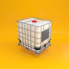 IBC container for white liquids floating on a yellow background, 3d render