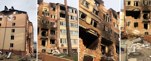 Collage photo of destroyed building after russian war aggression against Ukraine in Irpen. Photos before and after. - obrazy, fototapety, plakaty