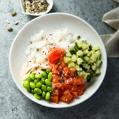 Homemade poke bowl with smoked salmon