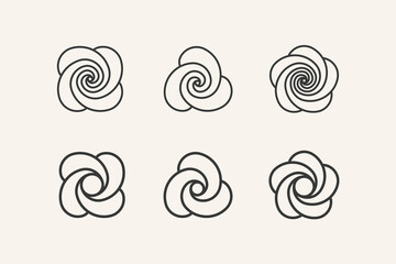 Flower design element with spiral. Set of 6 geometric shape with swirl element. Modern linear design emblem of bloom.