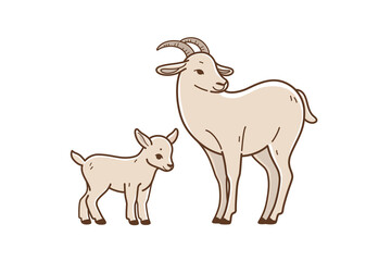 llustration of domestic mother goat with baby. Simple contour vector illustration for emblem and print.