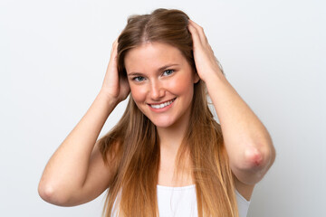 Young caucasian woman isolated on white background with happy expression. Close up portrait