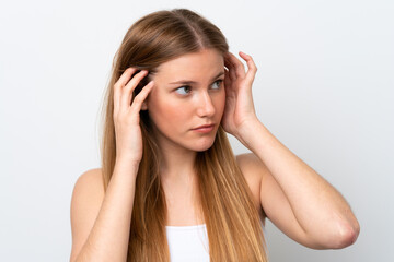 Naklejka premium Young caucasian woman isolated on white background . Close up portrait